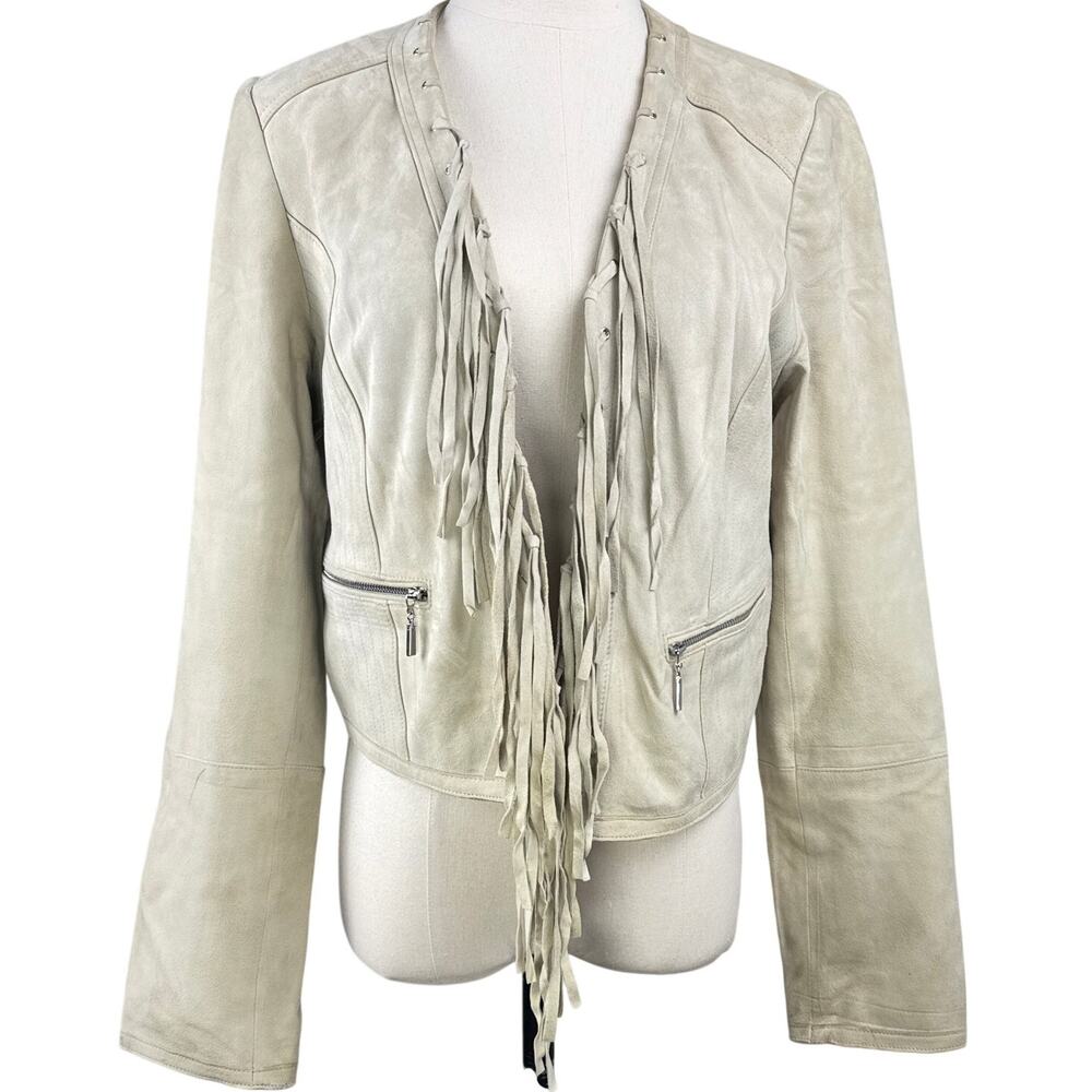 White House Black Market Fringe Leather Jacket Women’s Medium Beige Western Boho